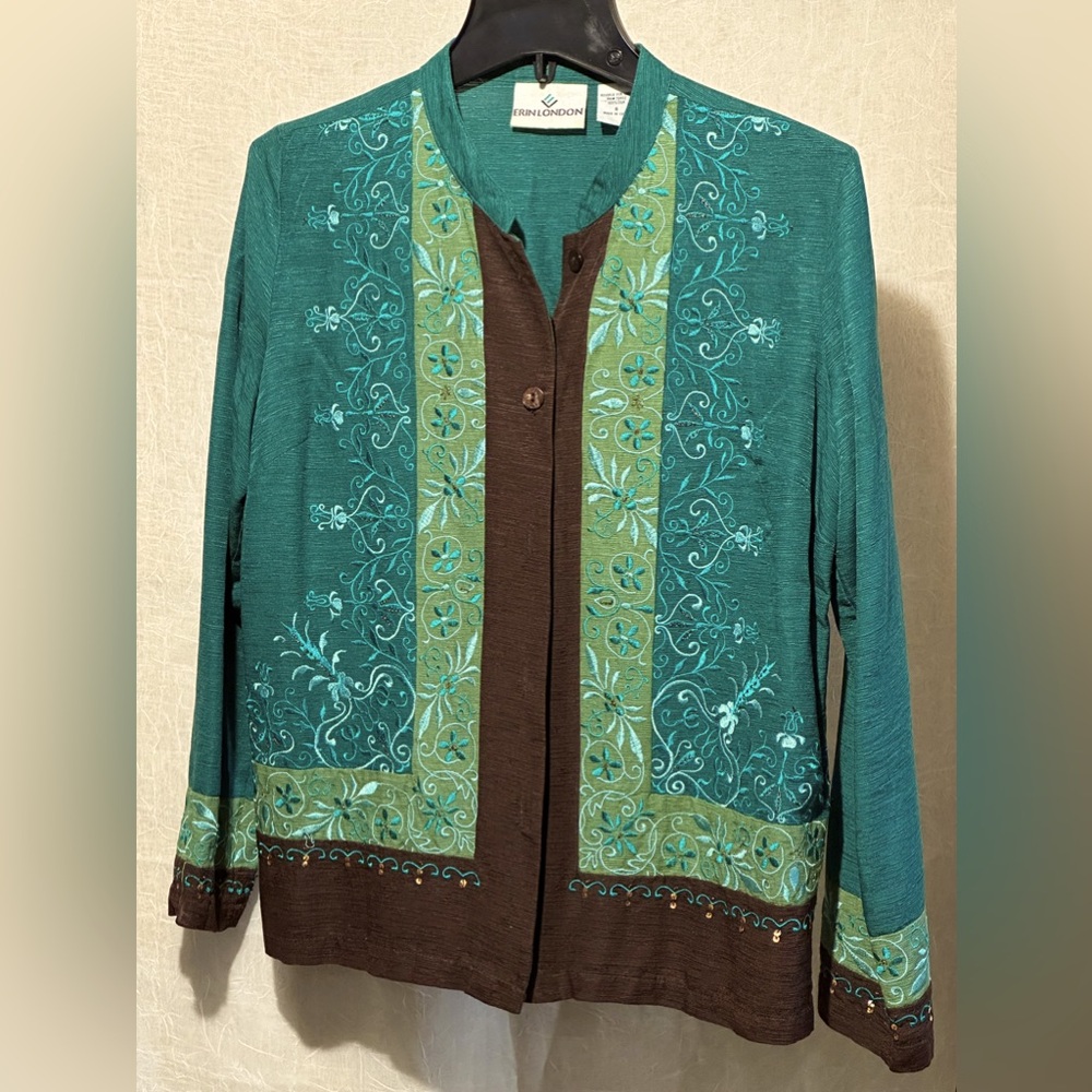 Erin London brand jacket. 100% silk. Warm jewel tones.